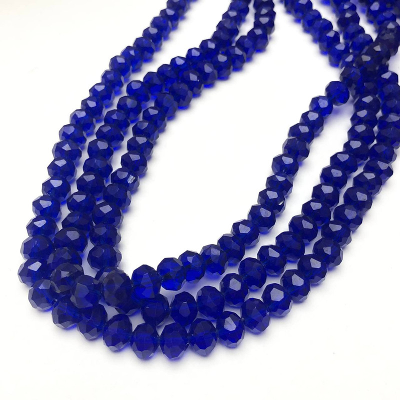Beads Czech Crystal on Fishing Line Dark Blue Transparent Faceted Rondelle, diameter 8x6mm +-, length 40-42cm +