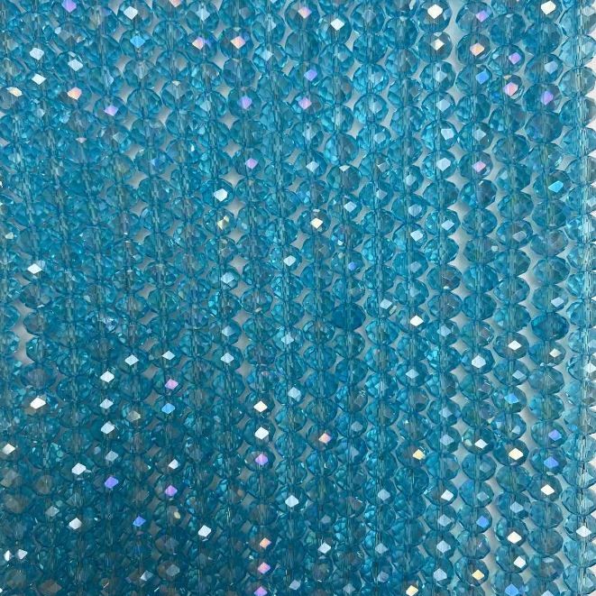 Beads Czech Crystal on thread blue translucent with petrol coating faceted rondelle, diameter 8x6mm +-, length 40cm +