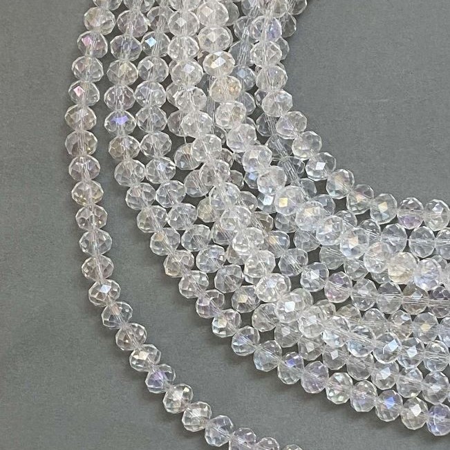 Beads Czech Crystal on thread white transparent with gasoline iridescence, faceted rondelle, diameter 8x6mm +-, length 40-42cm +