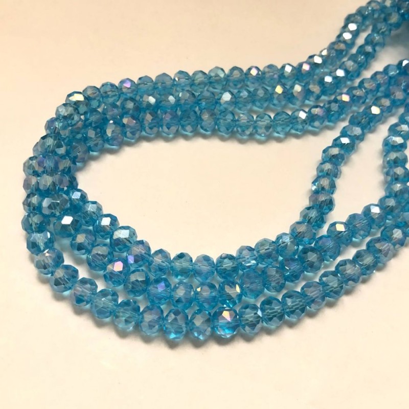 Beads Czech Crystal on Noodle thread Blue with Benzin transparent faceted Rondelle, diameter 8x6mm +-, length 40-42cm +