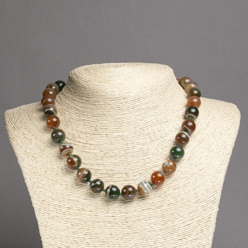Necklace of natural ojo-shaped Green Agate smooth bead, diameter 12mm±, length 45cm±