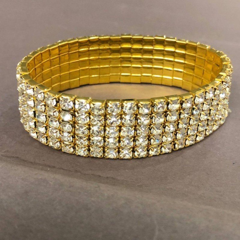 Five-row Stretch Bracelet with White Rhinestones, Gold-Tone Metal, 16–17 cm circumference