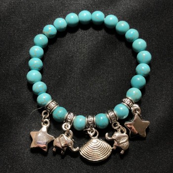 Bracelet with Turquoise (artificial) and Charms, bead diameter 8 mm, length 18 cm