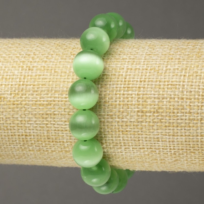 Elastic Bracelet Cat's Eye Green Smooth Bead, 12mm diameter+