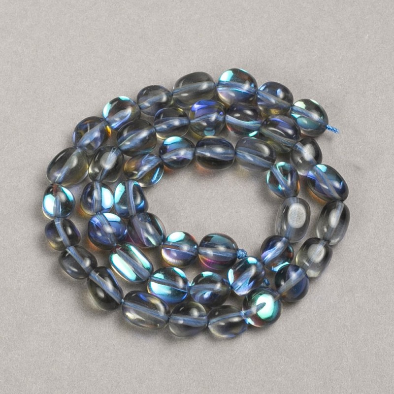Opal Glass Beads on Threadlight Blue Tumbled 10x8mm + -, length 39cm +