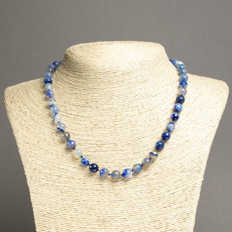 Blue Agate Bead Necklace, Faceted Round Beads 8mm, 45cm