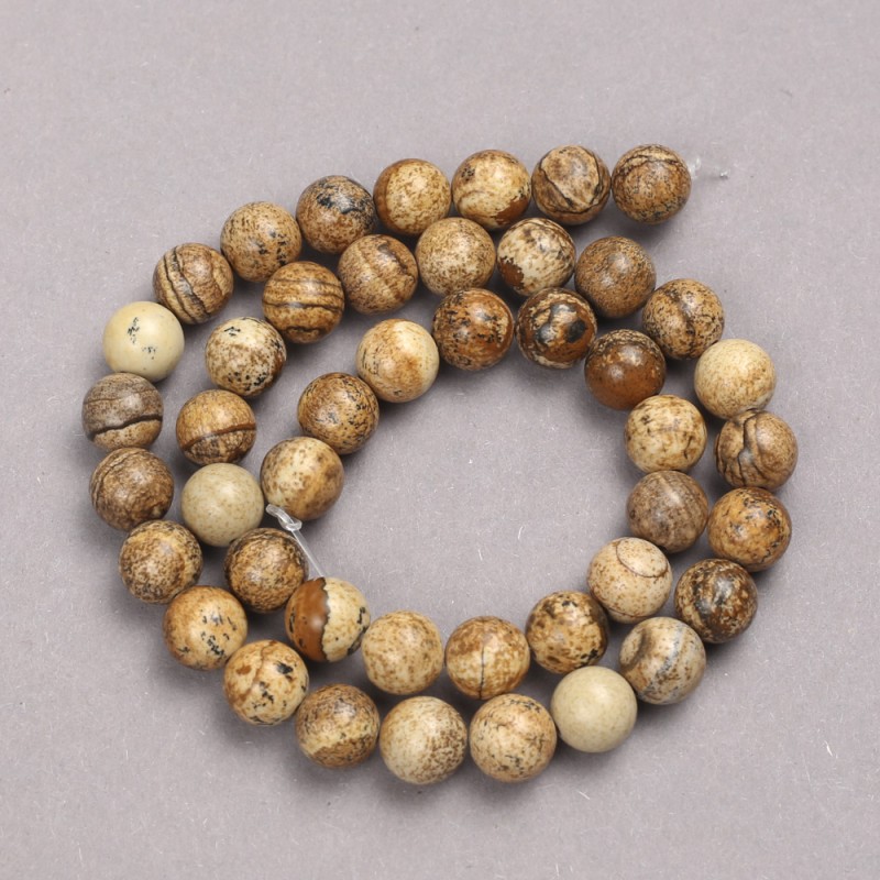 Natural Stone Beads on Thread - Landscape Jasper Smooth Round Beads, 10mm diameter +-, thread length 39cm +-