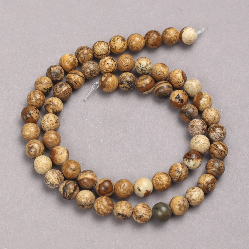 Natural Stone Beads on Thread – Picture Jasper, smooth ball shape, 6mm diameter +-, thread length 39cm +-