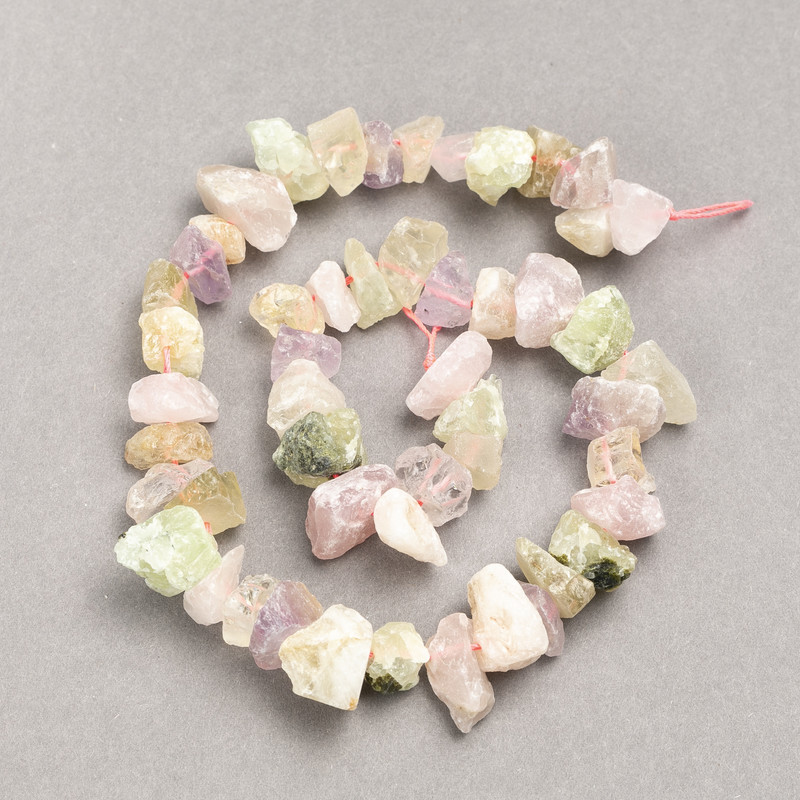 Beads on Thread Unpolished Stone Assorted Pink Quartz + Citrine + Prenite Faceted Nugget, diameter 13x8(±)mm, length 41cm