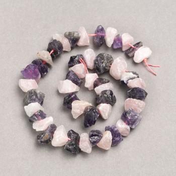Beads on Thread Unprocessed Stone Assorted Amethyst and Rose Quartz Tumbled, diameter 13×8(±)mm, thread length 41cm