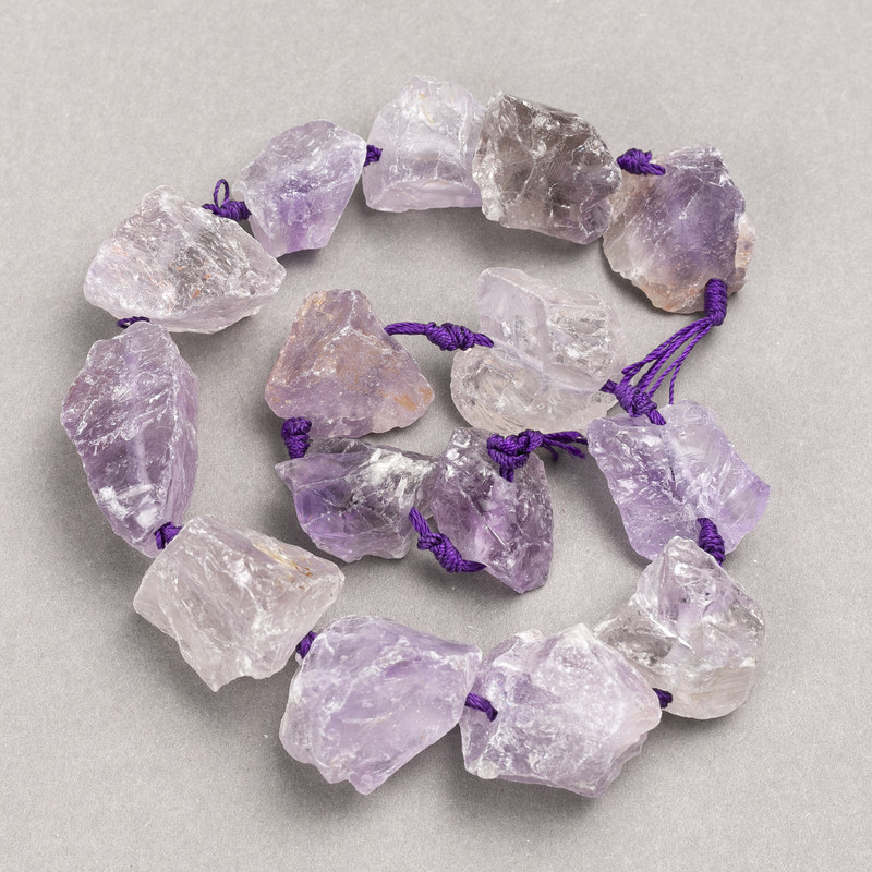 Unprocessed Amethyst Beads on Thread, Cabochon-like, 20×29 mm (±), length 42 cm