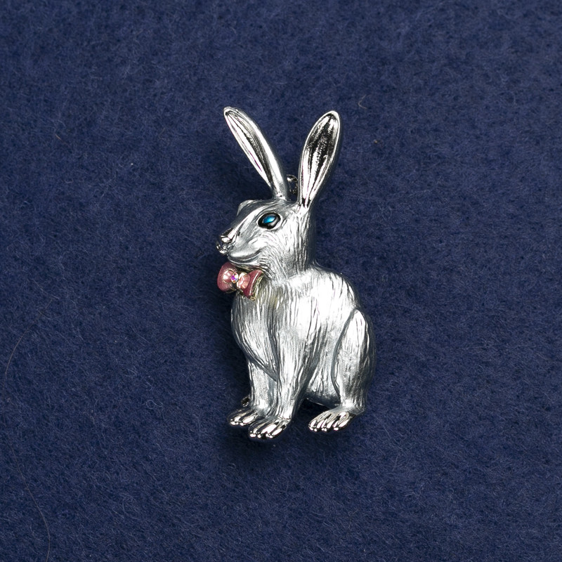 Brooch Rabbit with Bow Silvered Metal, Enamel and Rhinestones 45x20mm +