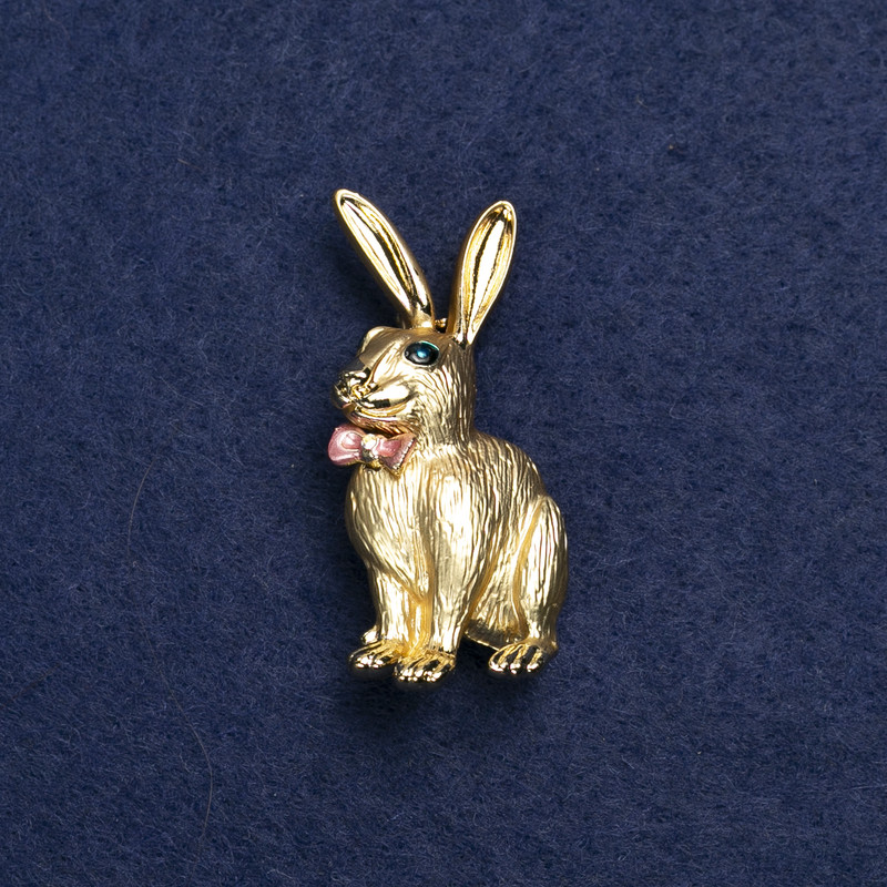 Brooch Rabbit with Bow Golden Metal, Enamel and Rhinestones 45x20mm +