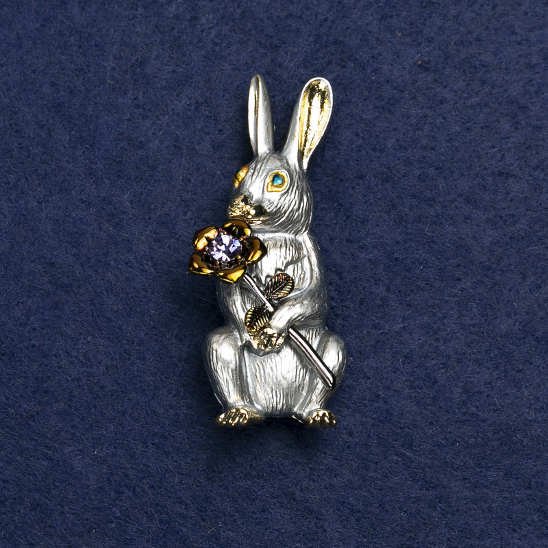 Brooch Bunny with Flower Gold-Tinish Metal, Enamel and Rhinestones 50x22mm +
