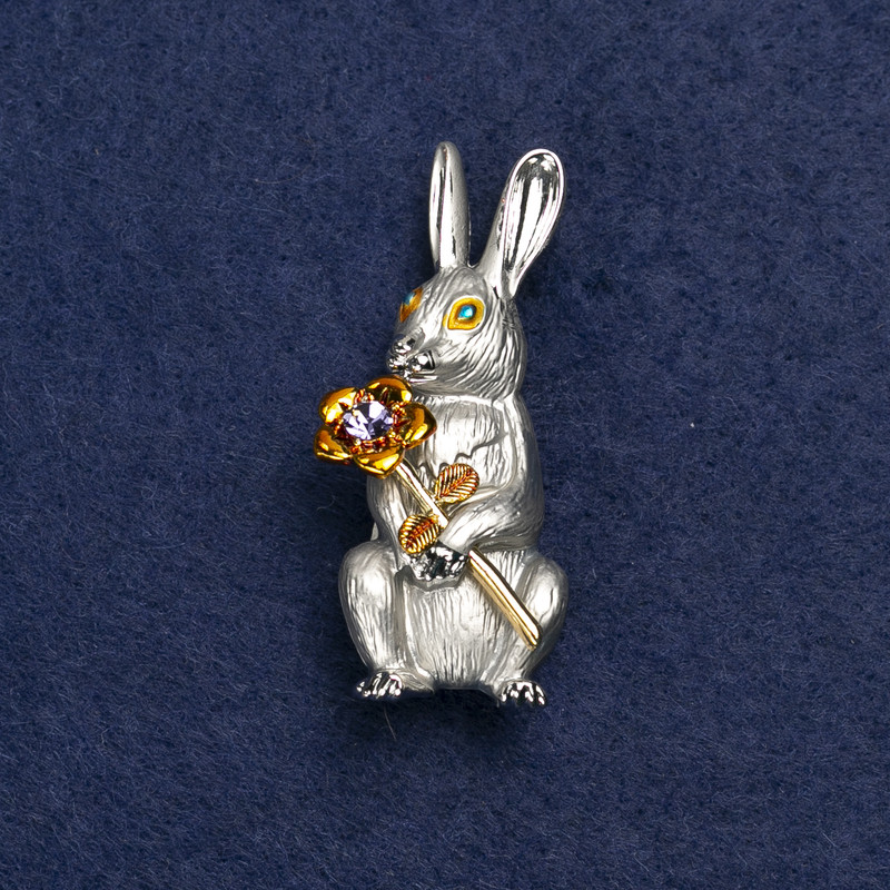 Brooch Bunny with Flower, Silvery Metal, Enamel and Rhinestones 50x22mm +
