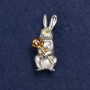 Brooch Bunny with Flower, Silvery Metal, Enamel and Rhinestones 50x22mm +