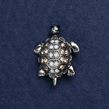 Brooch Turtle Silver Metal and Rhinestones 40×23mm +