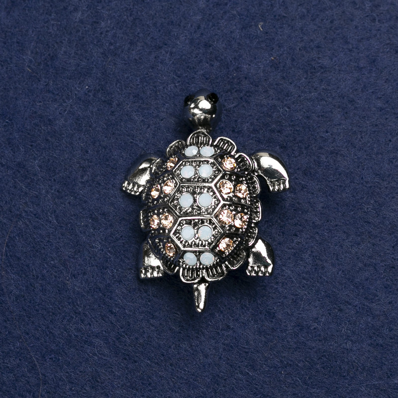 Brooch Turtle Silver Metal and Rhinestones 40×23mm +