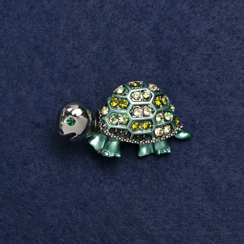 Brooch Turtle Silver Metal, Enamel and Crystals 40x23mm +