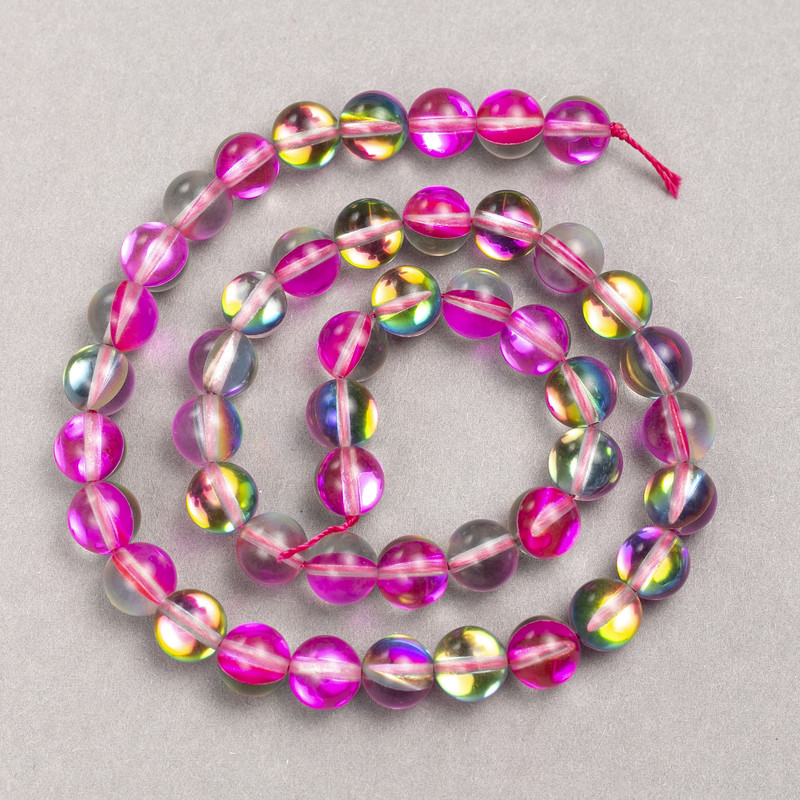 Opal Glass Beads on Thread - Smooth Round Beads, Raspberry Transparent, 8mm diameter, 39cm length