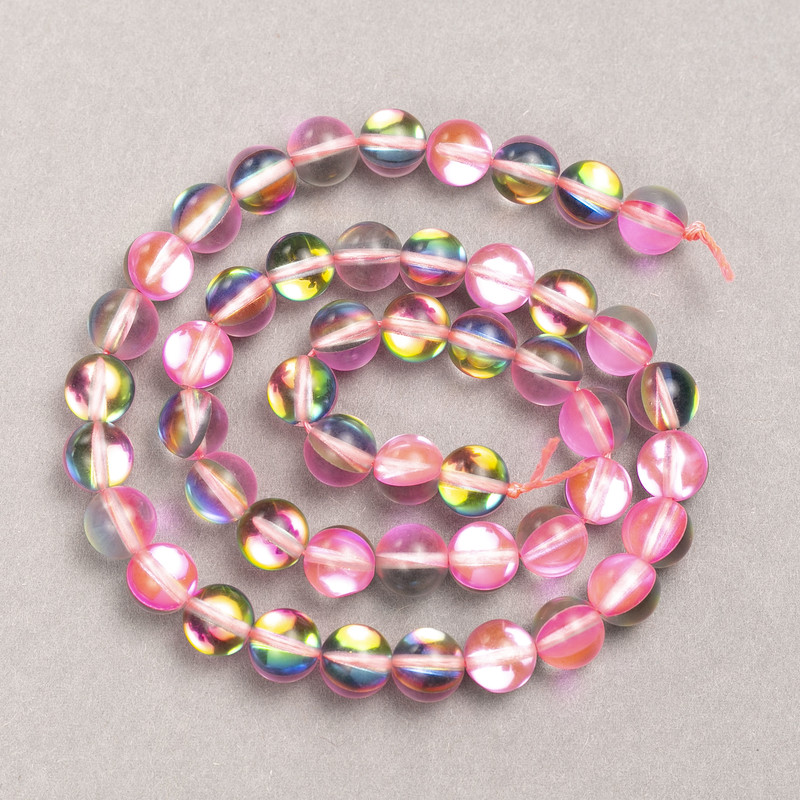 Beads on Thread Opal Glass Pink Transparent Smooth Sphere, 8mm diameter +-, length 39cm +
