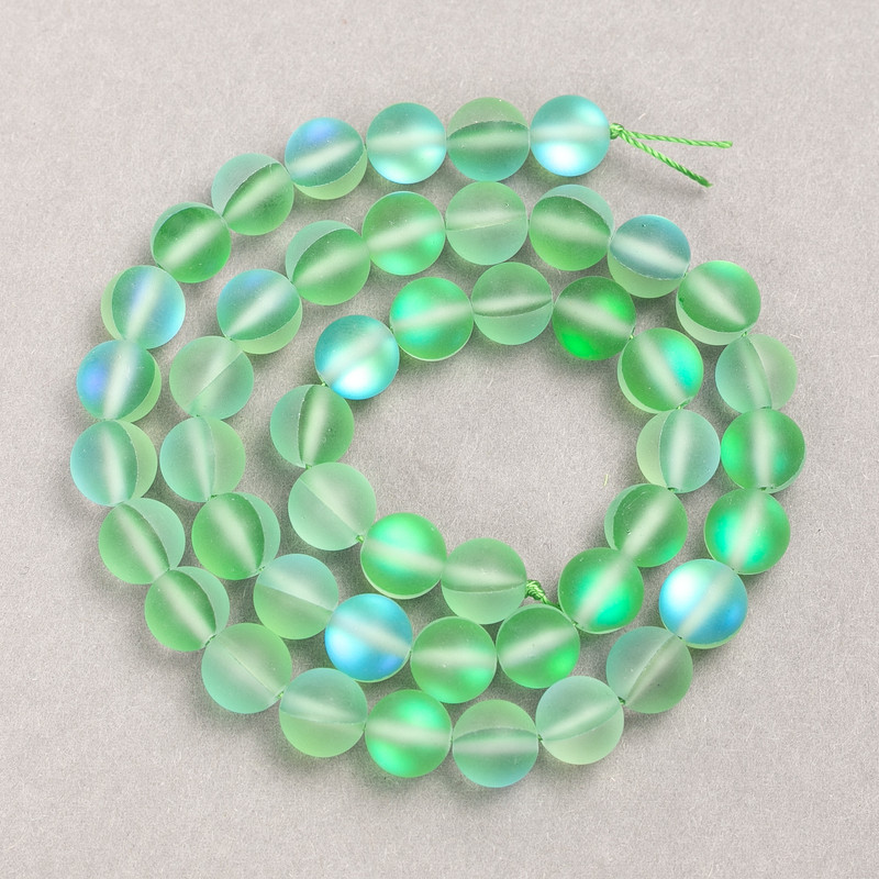 Opal Glass Beads on Thread Blue-Green Matte Smooth Sphere 8mm diameter ±, length 39cm ±