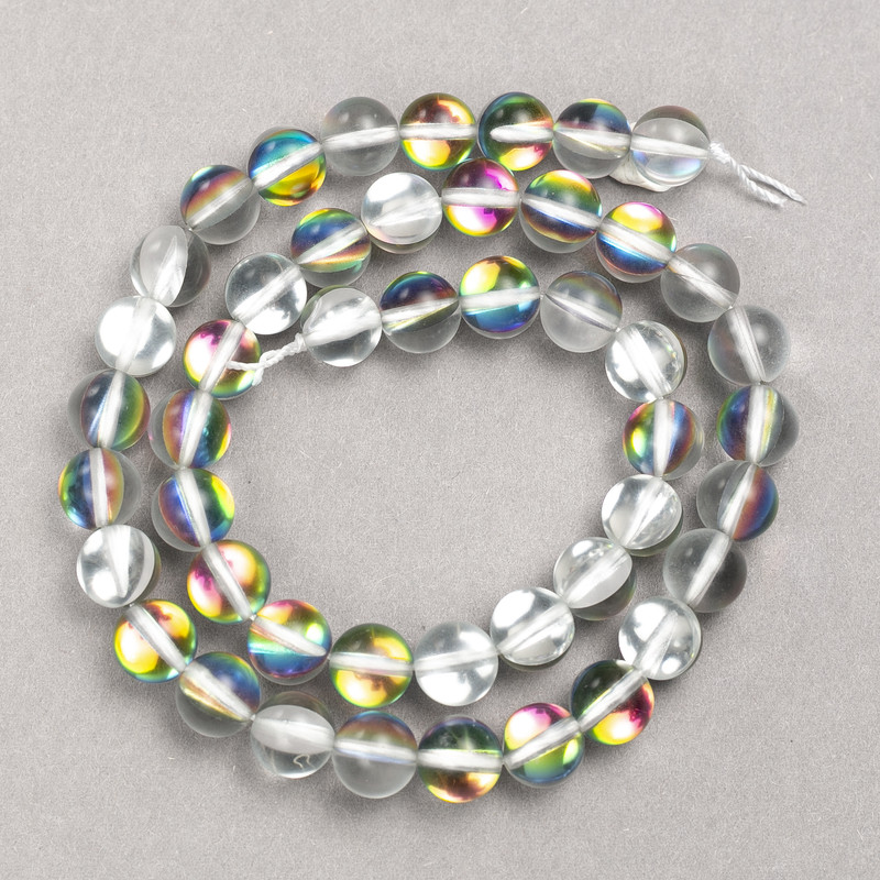 Opal Glass Beads on Thread Smooth White Transparent Holographic 8mm, 39cm length