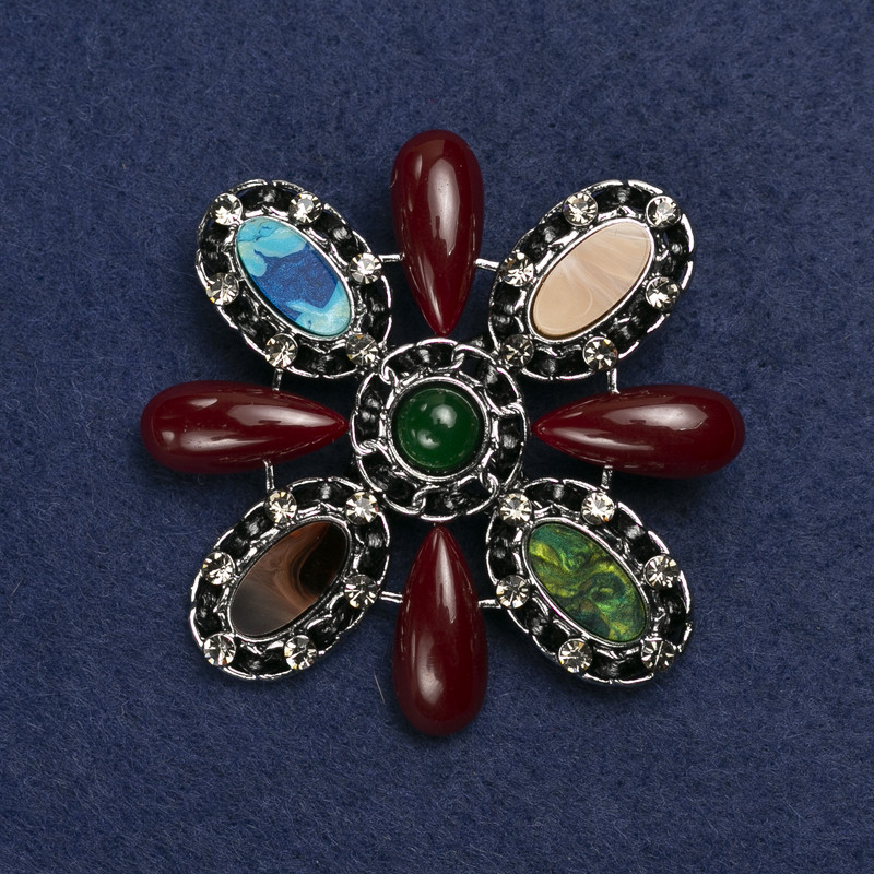 Brooch Accent with Silver Metal and Rhinestones, Assorted Stones (enameled) 62mm +