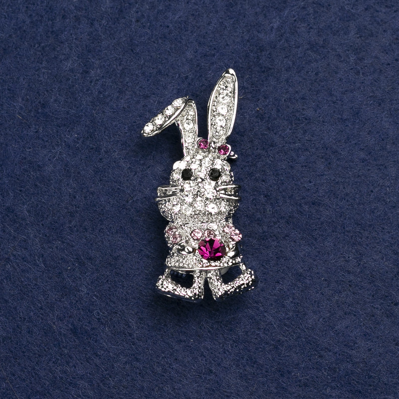 Brooch Rabbit Silver-toned metal and rhinestones 42x19 mm +