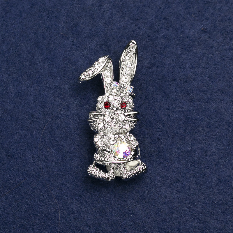 Brooch Rabbit Silver-Tinish Metal and Rhinestones 42x19mm +