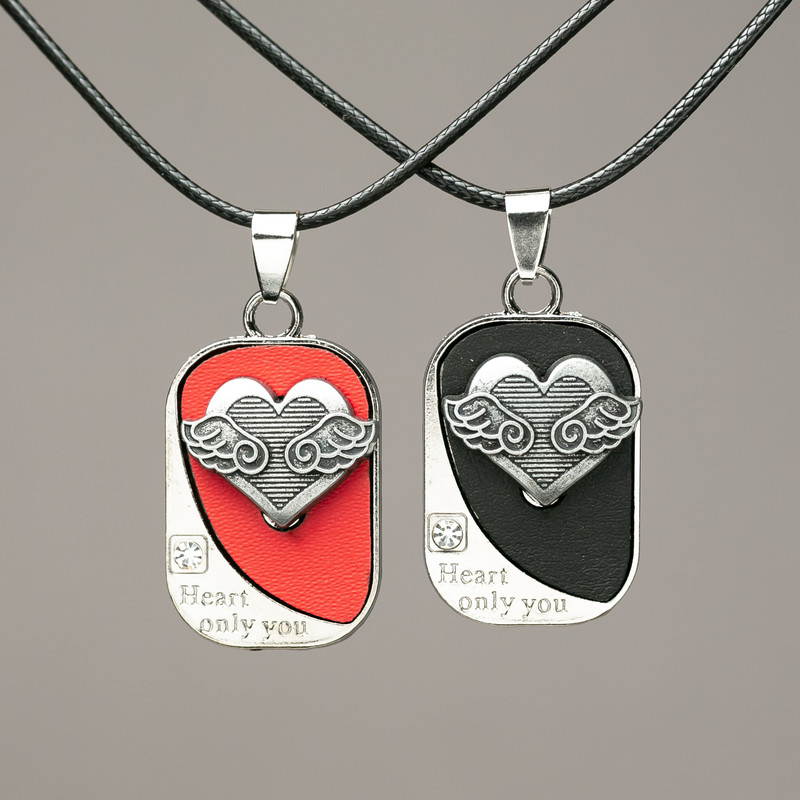  paired Heart pendants on eco-leather cord with rhinestones 42x22mm + -, cord length 45-50cm