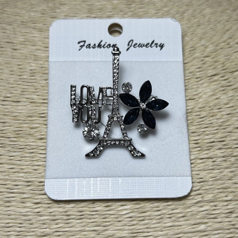 Brooch Paris silvered metal with rhinestones and blue crystals 40x35mm +