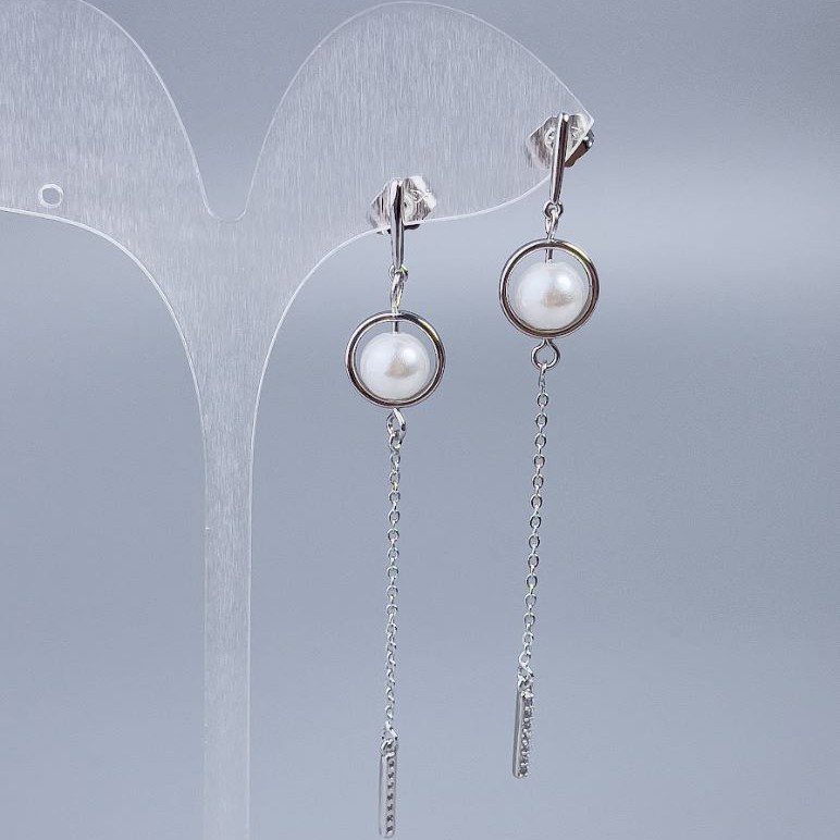 Stud Earrings Xuping with Mallorca Bead, 8 mm Diameter, ~7.5 cm Length, Rhodium-plated
