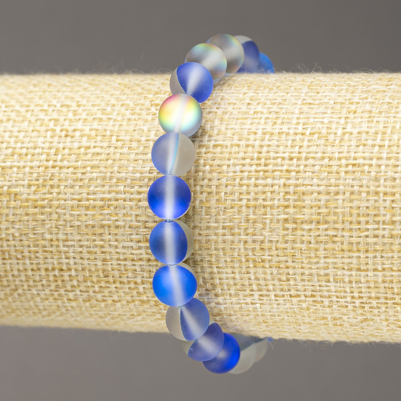 Elastic Bracelet Opal Glass Smooth Bead Blue Transparent Matte, 8mm diameter+