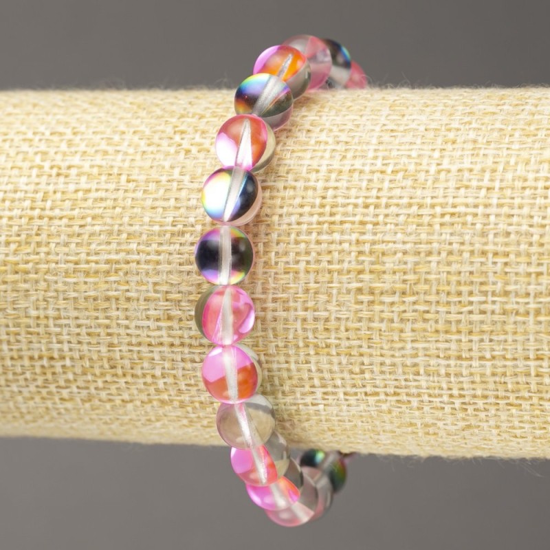 Bracelet with Pink Opal Glass, Smooth Round Beads, Transparent, 8mm diameter, 18cm length