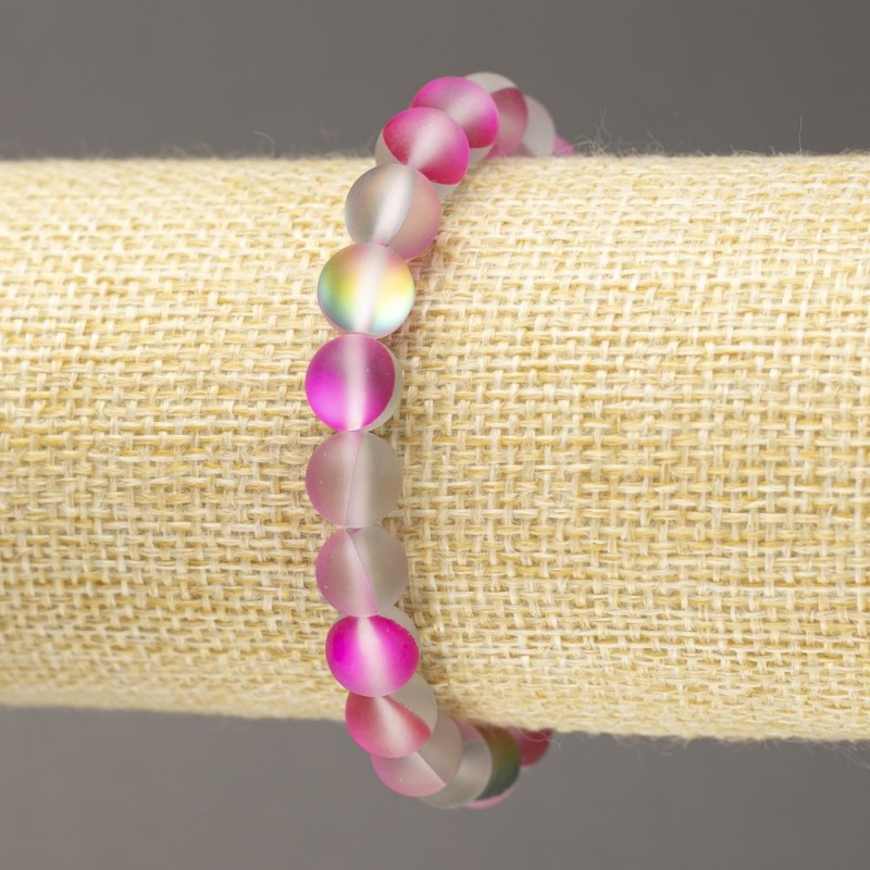 Elastic Bracelet with Opal Glass, smooth beads, pink-gray matte, diameter 8mm ±, length 18cm ±