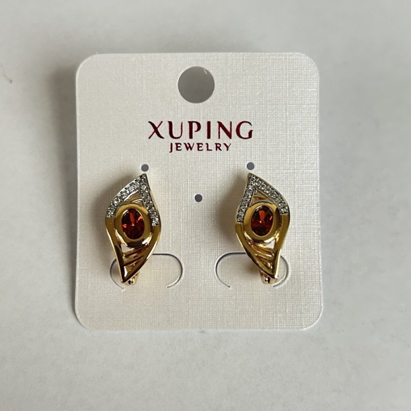 Xuping Earrings with Red Stone and White Rhinestones 20x10mm Rhodium-plated 18k Gold