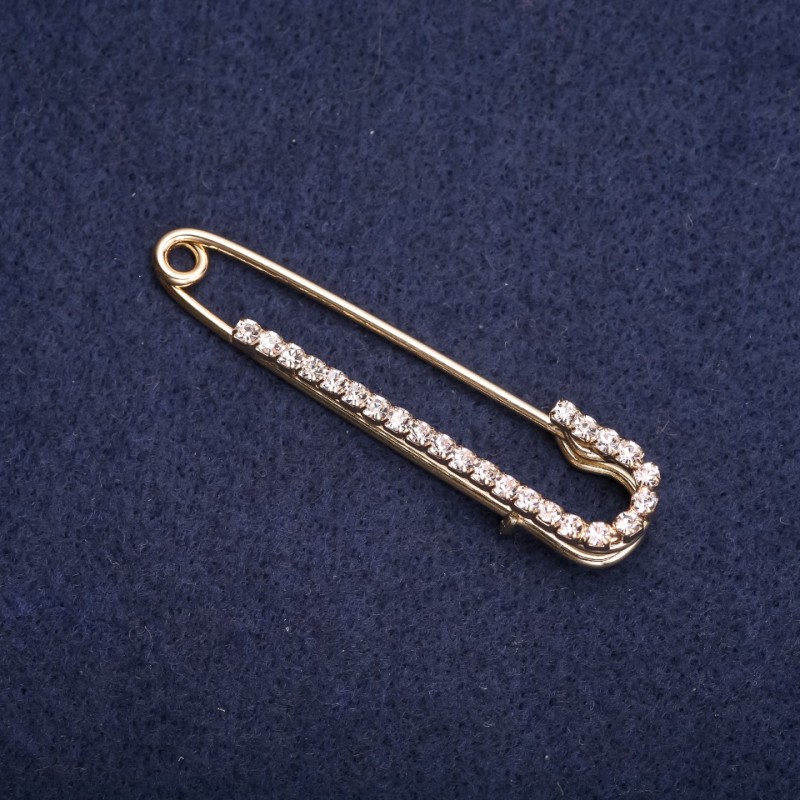 Brooch Pin with White Crystals 57x13mm Yellow Metal