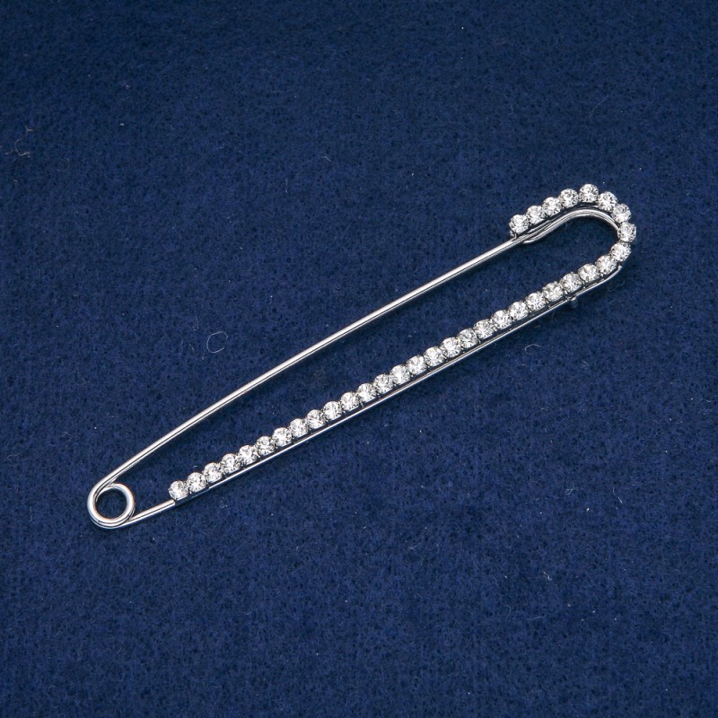 Brooch Pin with Gray Rhinestones, Silver Metal 16×101 mm