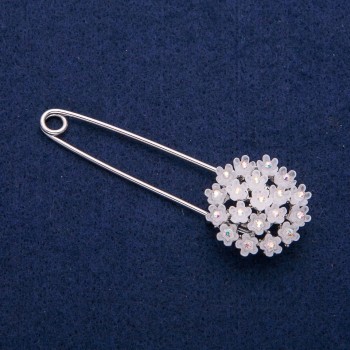Brooch Pin White Hydrangea with Crystals 29x78mm, silver metal