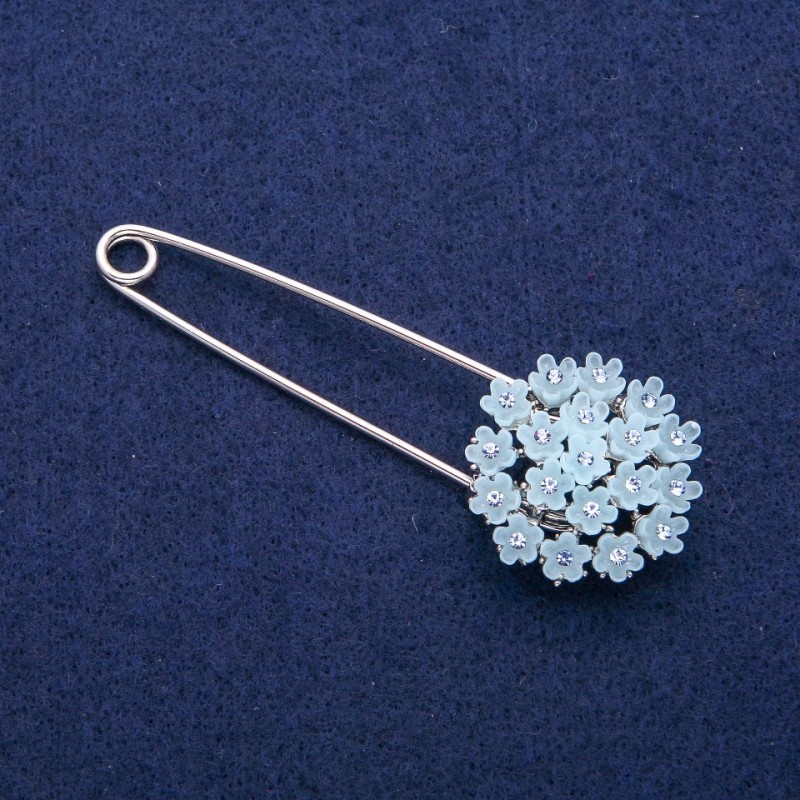 Brooch Pin Hortense Blue with Crystals 29x78mm, Silver Metal
