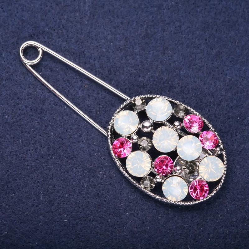 Sale! Brooch Pin with Colored Stones in Raspberry, White, and Green, 80x30 mm, Silver Metal