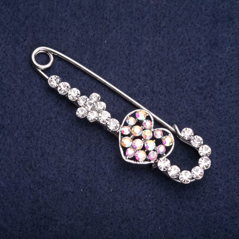 Brooch Pin Heart with White Rhinestones Chameleon 70x20mm Silver Metal
