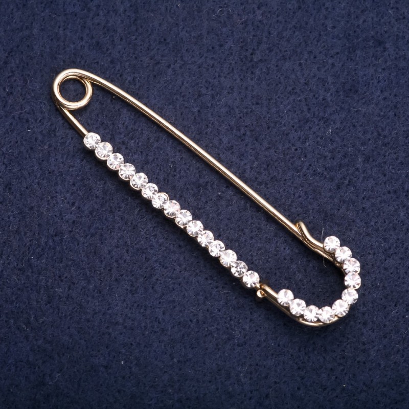 Brooch Pin with White Rhinestones 70x16mm Yellow Metal