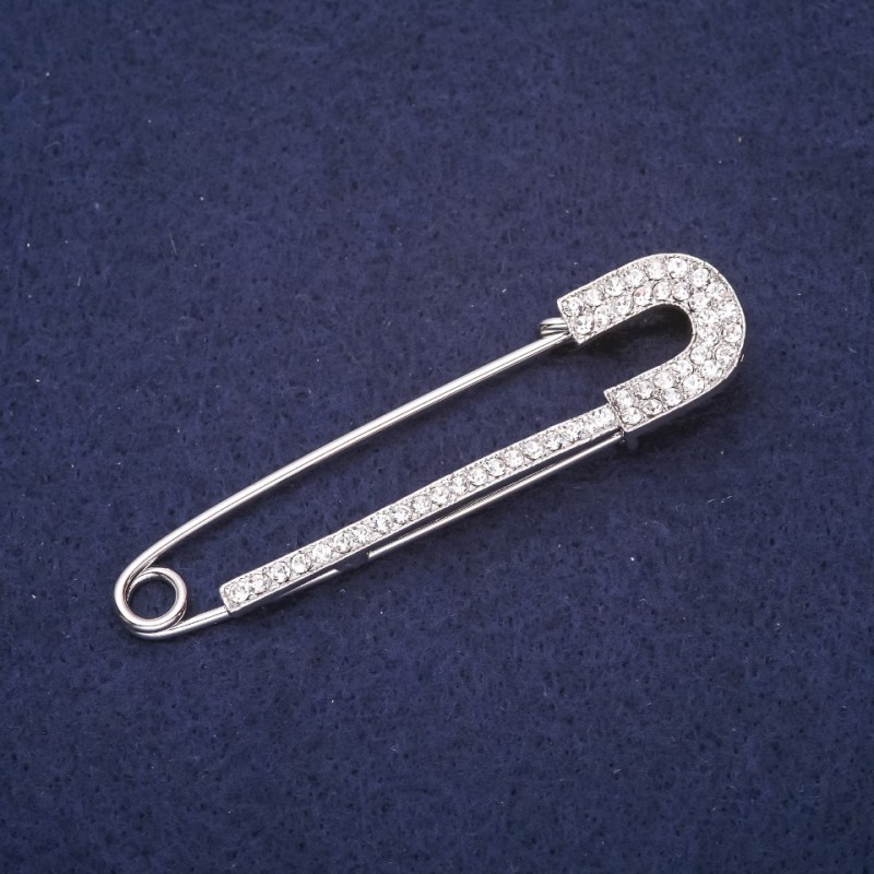Brooch hairpin with white crystals 72x18mm silver metal