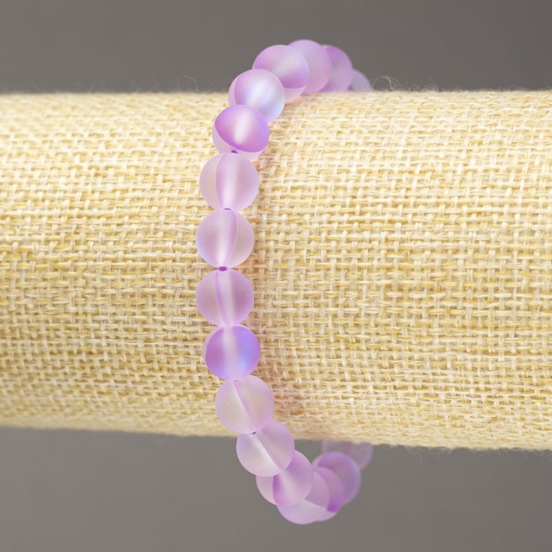 Elastic Bracelet Opal Glass Beads Smooth Round Purple Matte, 8mm diameter, length 18cm