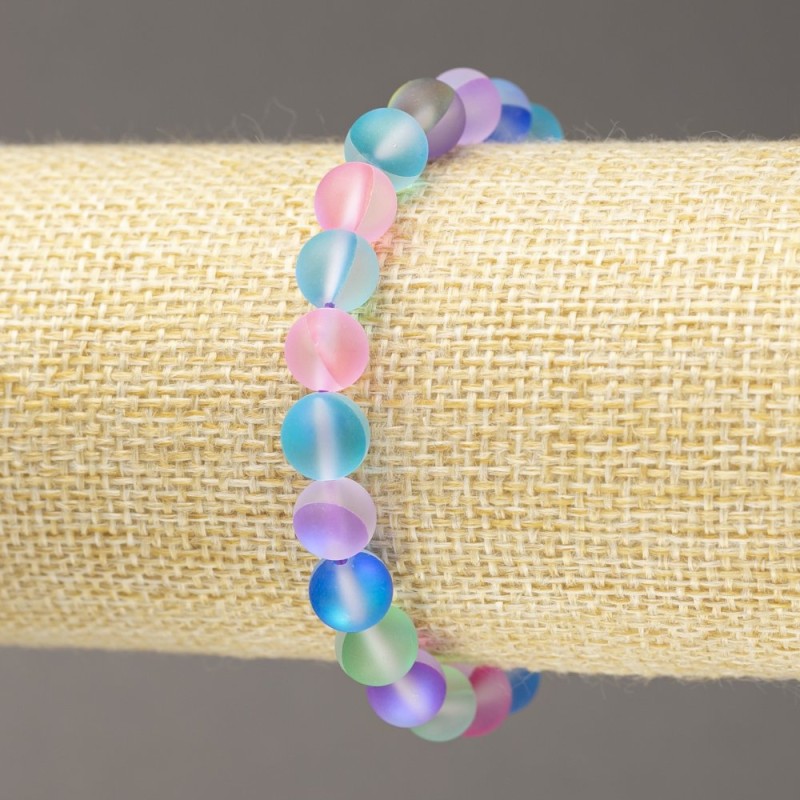 Elastic Opal Glass Bracelet with Matte Multicolor Glass Beads, 8mm diameter, length 18 cm