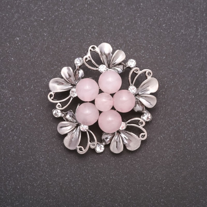 Brooch with natural stone Rose Quartz Boutonnière metal color gray 40mm