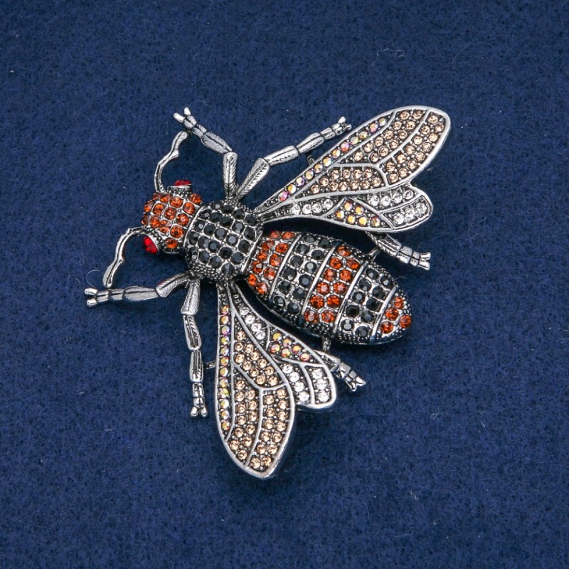 Brooch Butterfly with Golden, Black and Gasoline Crystals, Dark Silver Metal 70x55mm +