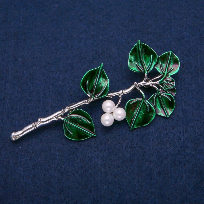 Brooch 'Berries on a Branch' Mallorca Pearl and Green Enamel, Silvery Metal 38x83mm